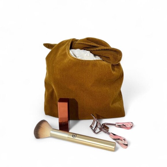 Merit Brown Corduroy Cosmetic Bag Tie Handles Boho Earth-Tone Travel Soft Utilit - Picture 1 of 6